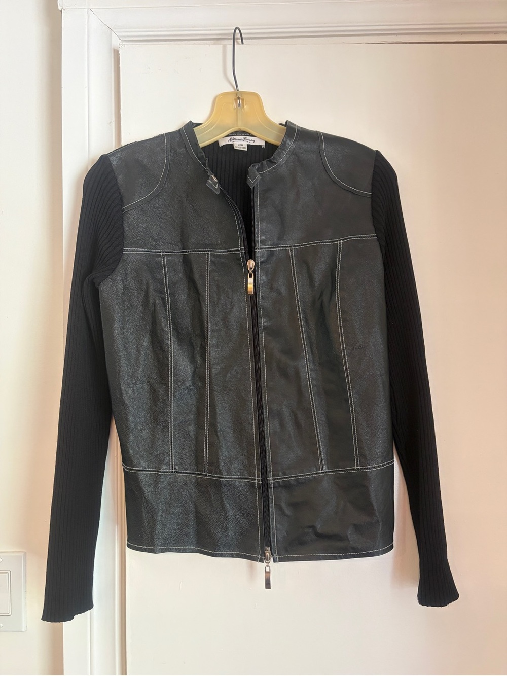 Vintage Black Leather Front Knit Sleeve Zip Jacket/top - Picture 3 of 16